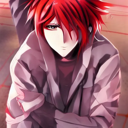 Prompt: anime art, anime key visual of handsome young male, spiky red hair and large silver eyes, directed gaze, high quality artwork, portrait, drawn by tsunako.