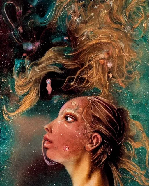 Image similar to a beautiful and eerie baroque painting of a gorgeous woman in dead space, with wild blonde hair and haunted eyes and freckles, 1 9 7 0 s, seventies, space station, neon light showing injuries, delicate ex embellishments, painterly, offset printing technique, inspired by hans bellmer