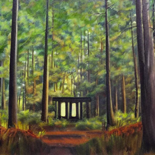 Prompt: ultra realistic painting of a pipe organ inside of a forest, thick brush strokes, visible paint layers.