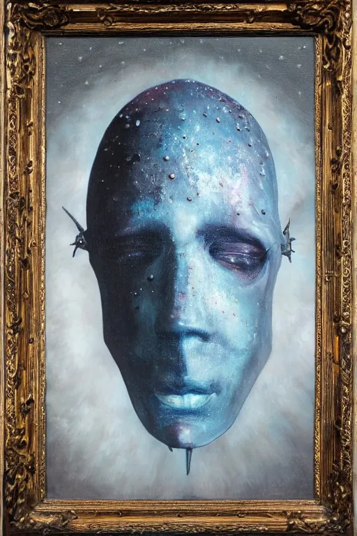 Image similar to hyperrealism oil painting, close - up portrait of face hiding in stingray medieval fashion model, knight, steel gradient mixed with nebula sky, in style of baroque mixed with 7 0 s book art