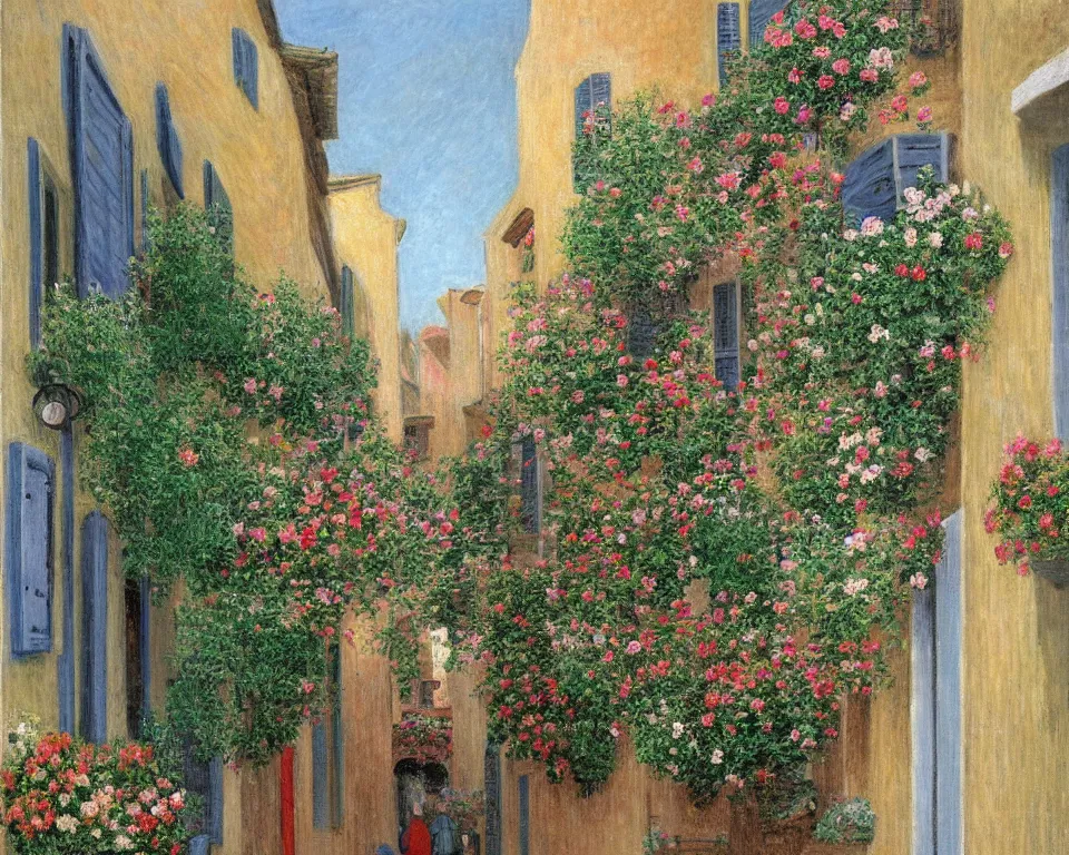 Prompt: a quaint, narrow italian street with cobblestones and flower baskets by hopper and monet