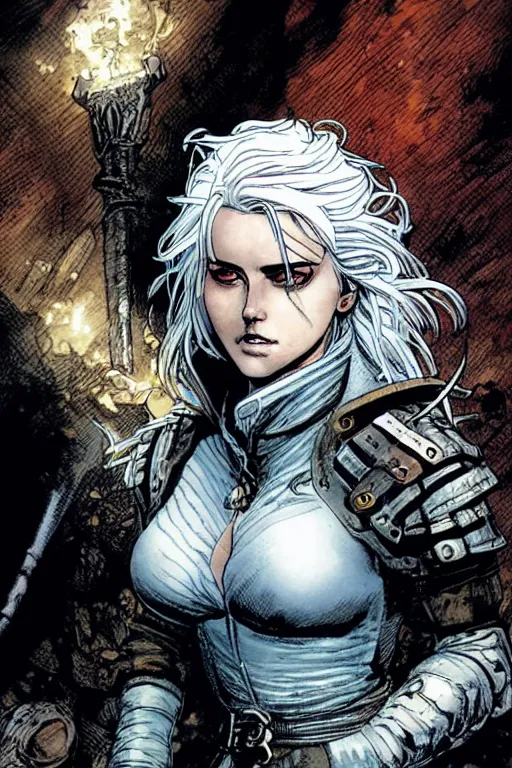 Image similar to portrait close-up of Ciri appearing as a character in volume 6 of Metabarons, drawn by Mobius - masterpiece of evocative linework and expressive colours