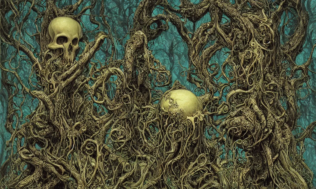 Prompt: hyperdetailed art nouveau portrait of treebeard as a cthulhu eyeball skull dragon, by tim hildebrandt, simon bisley, and bill sienkiewicz, grim yet sparkling atmosphere, photorealism, night in the forest, swamp, vines, terror, wild, crazy, scary, horror, lynn varley, lovern kindzierski, steve oliff