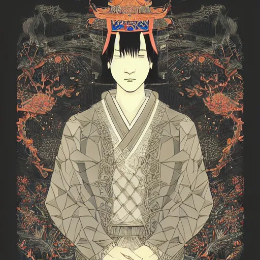 Image similar to the portrait of an unbelievably beautiful, elegant, sensual, and sophisticated young japanese samurai, an ultrafine detailed illustration by james jean, intricate linework, bright colors, final fantasy, behance contest winner, vanitas, angular, altermodern, unreal engine 5 highly rendered, global illumination, radiant light, detailed and intricate environment