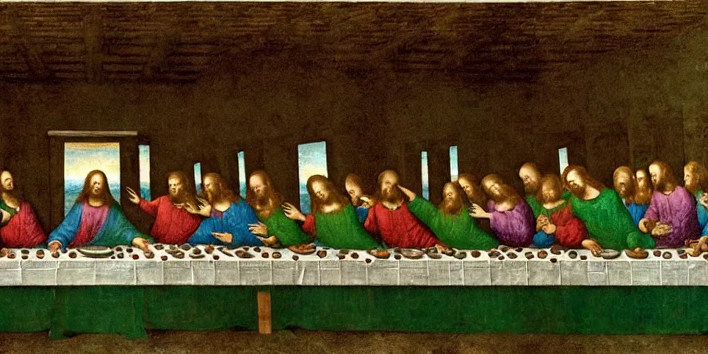 Image similar to the last supper with green sentient blobs, horror, painted by leonardo da vinci