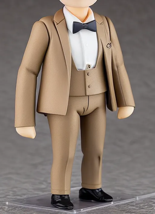 Prompt: nendoroid gentleman in beige suit, aziraphale from good omens, good omens tv series, white curly short hair, beige suit, tartan pants, long coat, bow tie, full body, michael sheen