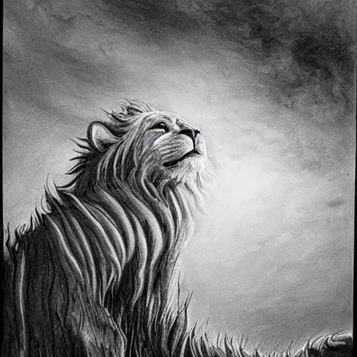 Prompt: Black and white drawing of Mufasa\'s death scene, Stephen Gammell style, evil, high detail, Scary Stories