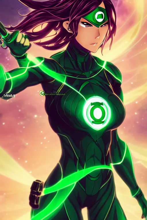 Image similar to anime key visual of a beautiful female green lantern, intricate, glowing accents, powers, glowing ring, speed, goddess, dc comics, cinematic, stunning, highly detailed, digital painting, artstation, smooth, hard focus, illustration, character concepts by senior concept artist