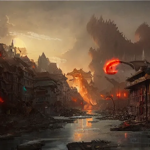 Prompt: dragon destroying a town, matte painting by greg rutkowski, artstation