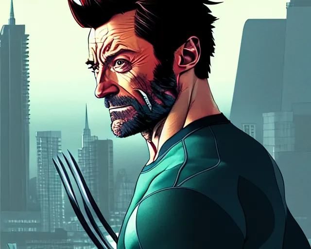 Prompt: hugh jackman as wolverine from logan, hyper - realistic, gta v cover art, cel shading, sharp focus, intricate, detailed, rhads, andreas rocha, makoto shinkai, lois van baarle, ilya kuvshinov, greg rutkowski, dynamic lighting, grunge aesthetic, 4 k