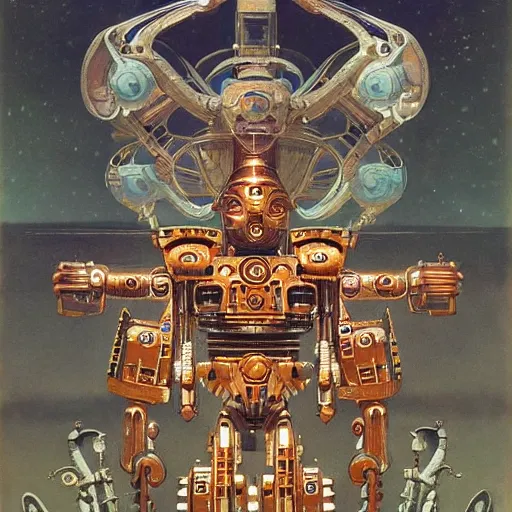 Prompt: elaborate mayan art deco mecha by j. c. leyendecker, barlowe, makoto kobayashi, and beksinski