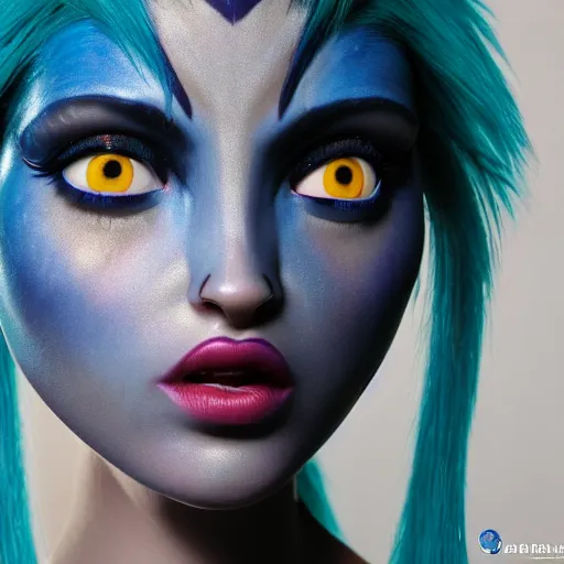 Prompt: close up headshot of a female navi from Avatar, blue skin, cosplay, photoshoot, studio lighting, photograpy by Bruce Weber