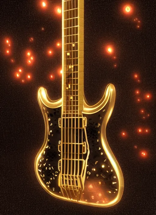 Prompt: electric guitar mechanical architecture mix of organical elements combined with nano machines, ith worlds inside floating about the space, dimly lit with candles, gold mirrors, hdr 25, concept art, 3d render texture master, hd, trending on artstation, 8k