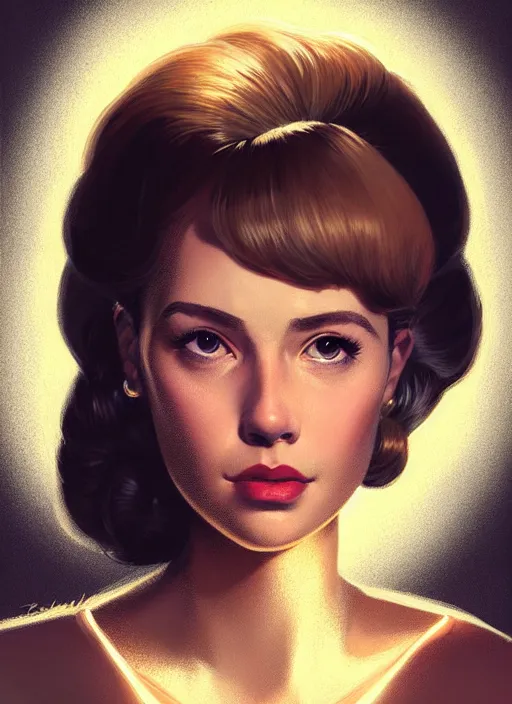 Image similar to portrait of betty cooper with fluffy bangs, bangs, 1 9 6 0 s, ponytail, curly bangs and ponytail, rounder face, intricate, elegant, glowing lights, highly detailed, digital painting, artstation, concept art, smooth, sharp focus, illustration, art by wlop, mars ravelo and greg rutkowski