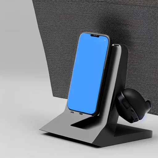 Image similar to wireless headphone stand stand, futuristic, techno, cyberpunk, product design, render, concept, fun, geometric