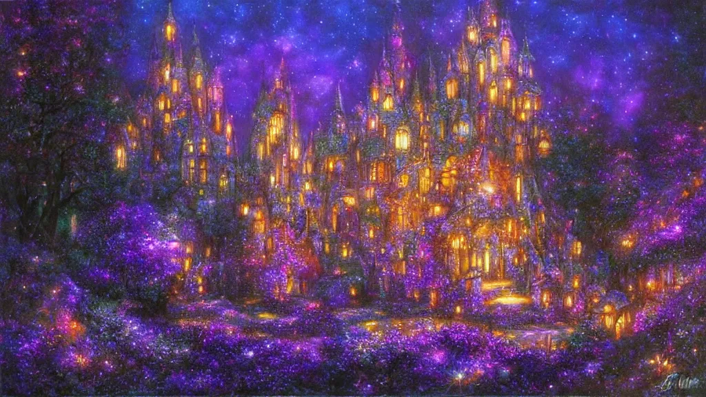 Prompt: a magical crystal castle made of light inspired by gilbert williams enveloped in trails of colorful lights around it. clean painting and auora lighting. dark blue and intense purple color palette, art by gilbert williams