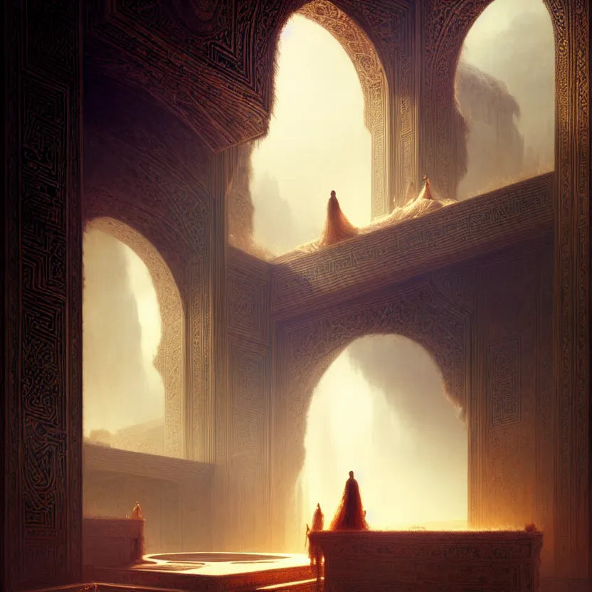 Image similar to magic fluffy Persian carpet & mirror dimension, vertical labyrinth structure, vast vistas, by Greg Rutkowski and Gaston Bussiere, dim lighting, beautiful volumetric-lighting-style atmosphere, surreal atmosphere, intricate, detailed, photorealistic imagery, artstation