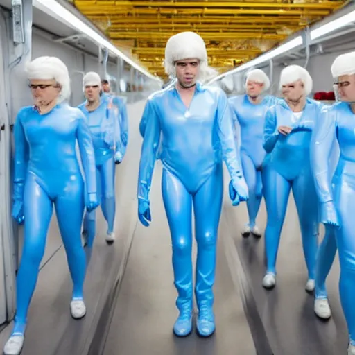 Image similar to troop in formation of athletic humans with light blue latex suits and white hair on a conveyor belt, futuristic chemistry lab, sci - fi, highly detailed, hyperrealistic