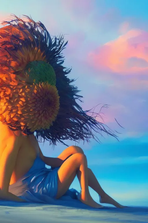 Image similar to closeup giant dahlia flower head, girl sitting on beach, surreal photography, blue sky, sunrise, dramatic light, impressionist painting, digital painting, artstation, simon stalenhag