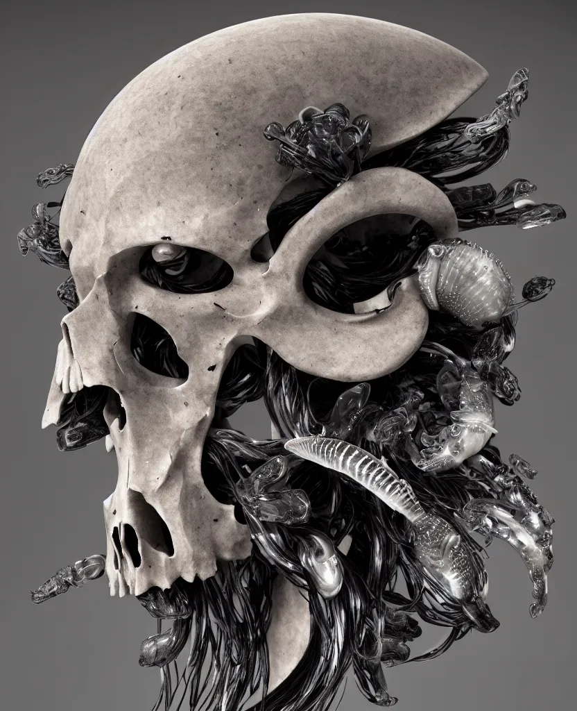 Image similar to goddess princess face close-up portrait ram skull. sculpture made of black stone. jellyfish phoenix head, nautilus, orchid, skull, betta fish, bioluminiscent creatures, intricate artwork by Tooth Wu and wlop and beeple. octane render, trending on artstation, greg rutkowski very coherent symmetrical artwork. cinematic, hyper realism, high detail, octane render, 8k