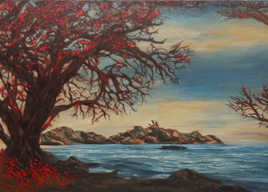 Prompt: red river with skull shaped pebbles on the shore surrounded by spikey trees, landscape, oil painting