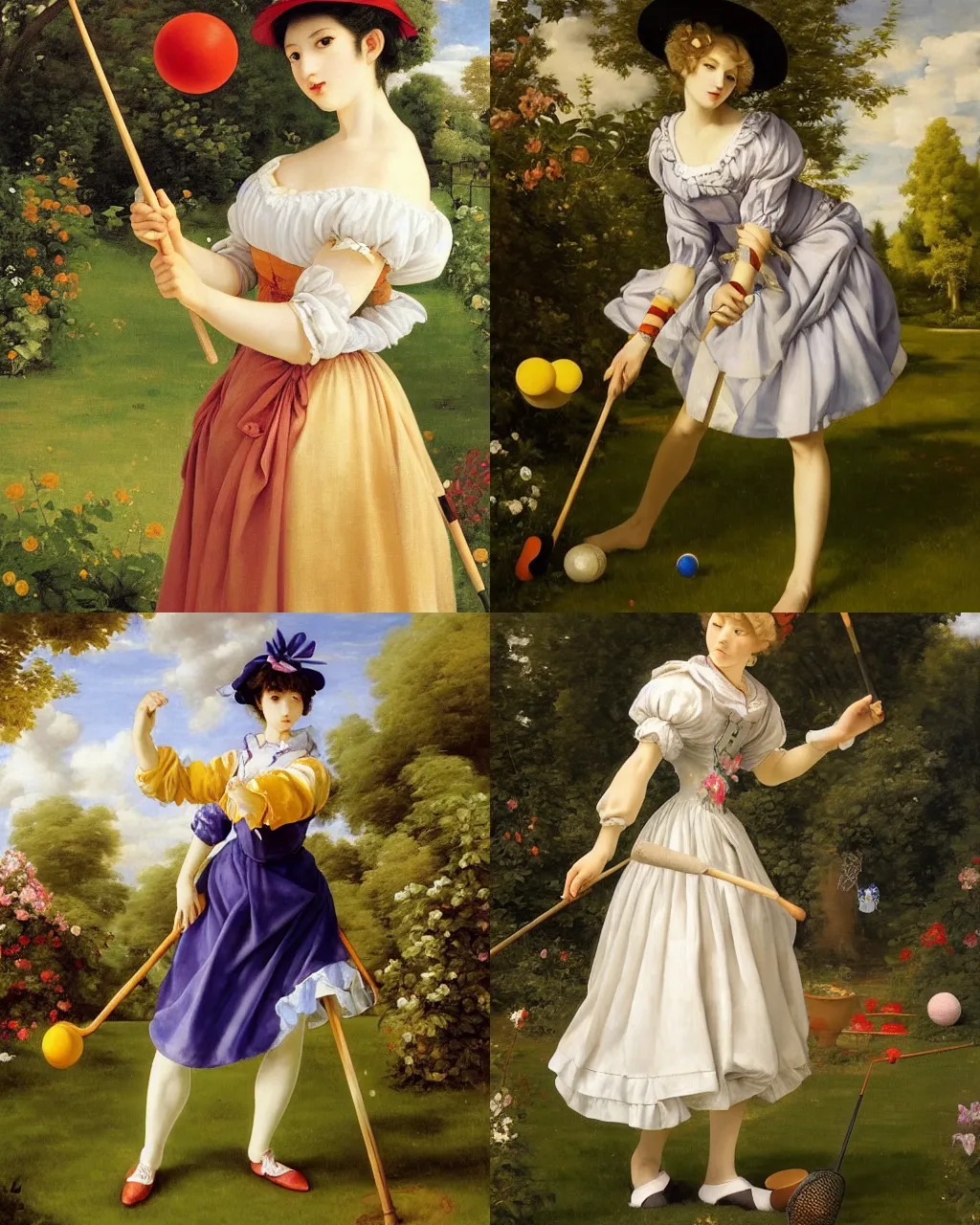 Prompt: oil painting of elegantly dressed touhou character playing croquet in the garden, beautiful symmetrical face and body, rule of thirds, golden ratio, oil on canvas, highly detailed, warm color scheme art rendition, soft lighting, sharp focus, unique art rendition by adelaide labille - guiard, artemisia gentileschi