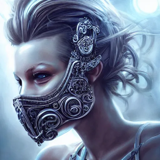Image similar to Very very very very highly detailed epic photo of face with venetian mask, intricate, dystopian, sci-fi, extremely detailed, digital painting, artstation, concept art, smooth, sharp focus, illustration, intimidating lighting, incredible art by Artgerm