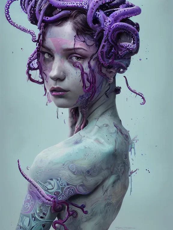 Image similar to art portrait of a girl with purple tentacles on her head,8k,by tristan eaton, Stanley Artgermm,Tom Bagshaw,Greg Rutkowski,Carne Griffiths,trending on DeviantArt,face enhance,hyper detailed,minimalist,cybernetic, ,full of colour