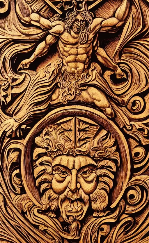 Prompt: an extremely detailed wood relief carving depicting a monstrous image of the god apollo transforming into a stylized sun, medieval, renaissance, manuscript, woodcut, in the style of albrecht durer, alchemical symbols