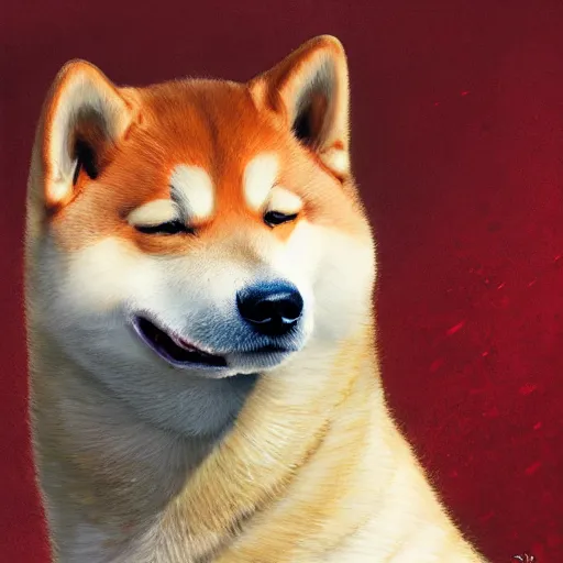 Image similar to anthropomorphic shiba inu, wearing berserk anime darkness armor, blood aura red light, fantasy, dark, portrait art by donato giancola and greg rutkowski, realistic face, digital art, trending on artstation, symmetry