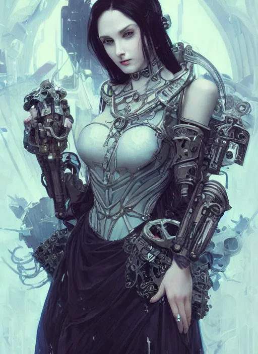 Image similar to portrait of beautiful pale gothic maiden, warhammer 40000, cyberpunk, intricate, elegant, highly detailed, digital painting, artstation, concept art, smooth, sharp focus, illustration, art by artgerm and greg rutkowski and alphonse mucha and Gustav Klimt and Ilya Kuvshinov