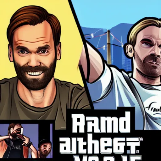 Prompt: A still of PewDiePie in the style of Grand theft auto loading art