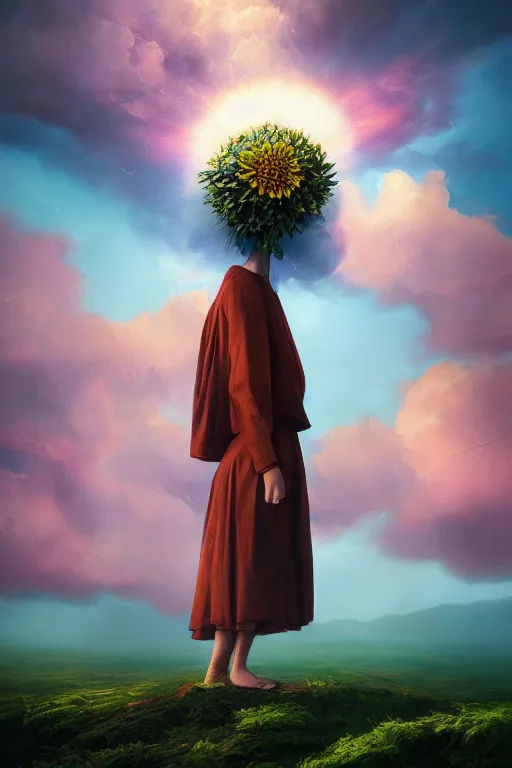 Image similar to closeup giant dahlia flower as head, girl standing on mountain, surreal photography, blue storm clouds, dramatic light, impressionist painting, digital painting, artstation, simon stalenhag