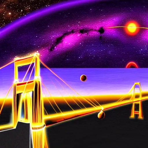 Prompt: WTC Twin Towers with distant Golden Gate Bridge in center, glowing black hole in the night sky in front of the Milky Way, red-hooded magicians casting purple colored spells towards the towers, white glowing souls flying out of the towers to the black hole digital painting in the style of The Lord of the Rings