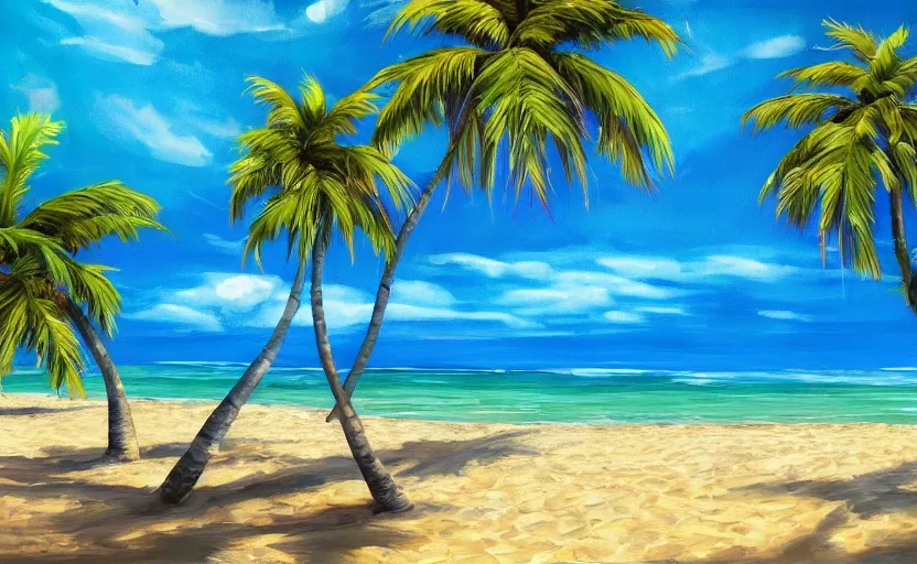 Prompt: A beautiful award winning painting of a tropical beach with individual palm trees and blue ocean trending on artstation vibrant color scheme lots detail