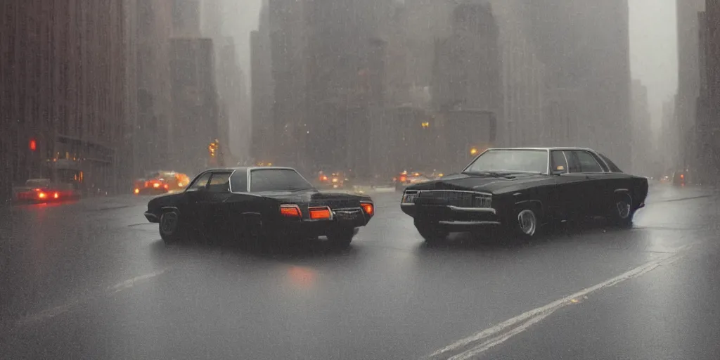 Prompt: A mysterious figure sitting in a black 1970's Chrysler Le Baron with the headlights on, parked on the side of the road in the city of New York while it is raining, by George Tooker, dark and dim, moody, sinister, lighting, 8k render, hyperrealistic