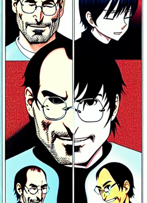 Image similar to steve jobs manga in color, final page, portrait, by katsuhiro otomo and hiroya oku and makoto yukimura