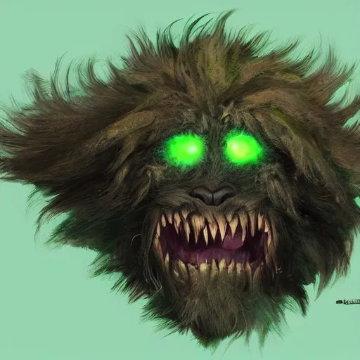 Image similar to epic hairy monster terrifying covered in dark fur and matted mud with glowing green eyes, concept art, digital character art, artstation, cgsociety