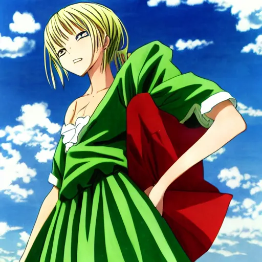 Prompt: anime, girl, green dress, flying, by eiichiro oda