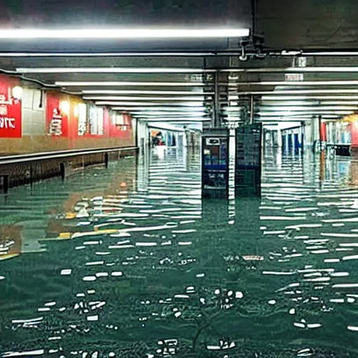 Prompt: photo of a subway station, the floor is flooded with one meter deep water. eerie