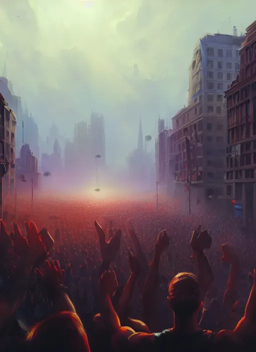 Image similar to painting of a crowd with raised arms pointing toward, demonstration in city, cinematic view, epic sky, detailed, concept art, low angle, high detail, warm lighting, volumetric, godrays, vivid, beautiful, trending on artstation, by jordan grimmer, huge scene, art greg rutkowski