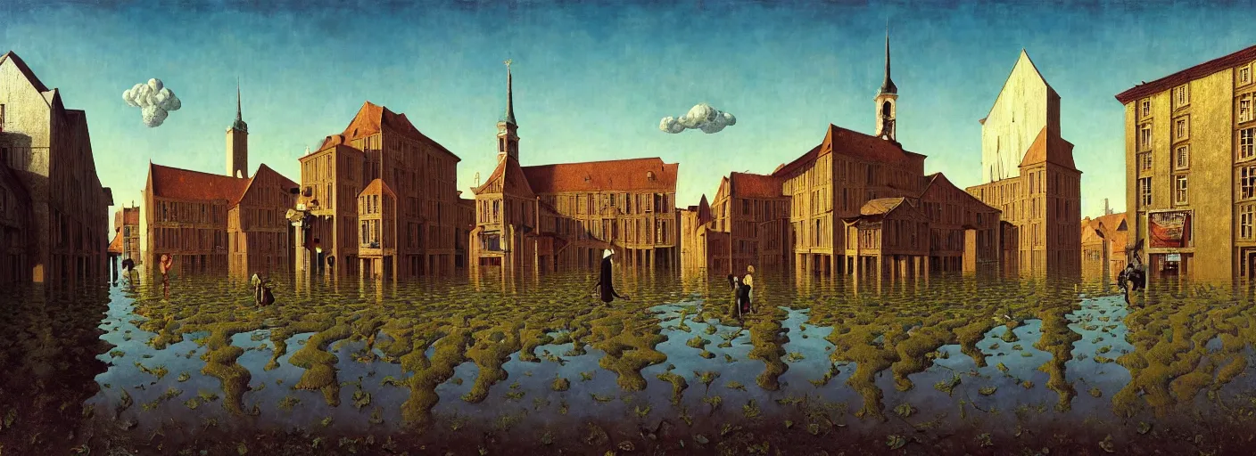 Image similar to flooded! old wooden empty cursed city square, very coherent and colorful high contrast masterpiece by franz sedlacek rene magritte gediminas pranckevicius norman rockwell, full - length view, dark shadows, sunny day, hard lighting, reference sheet white background