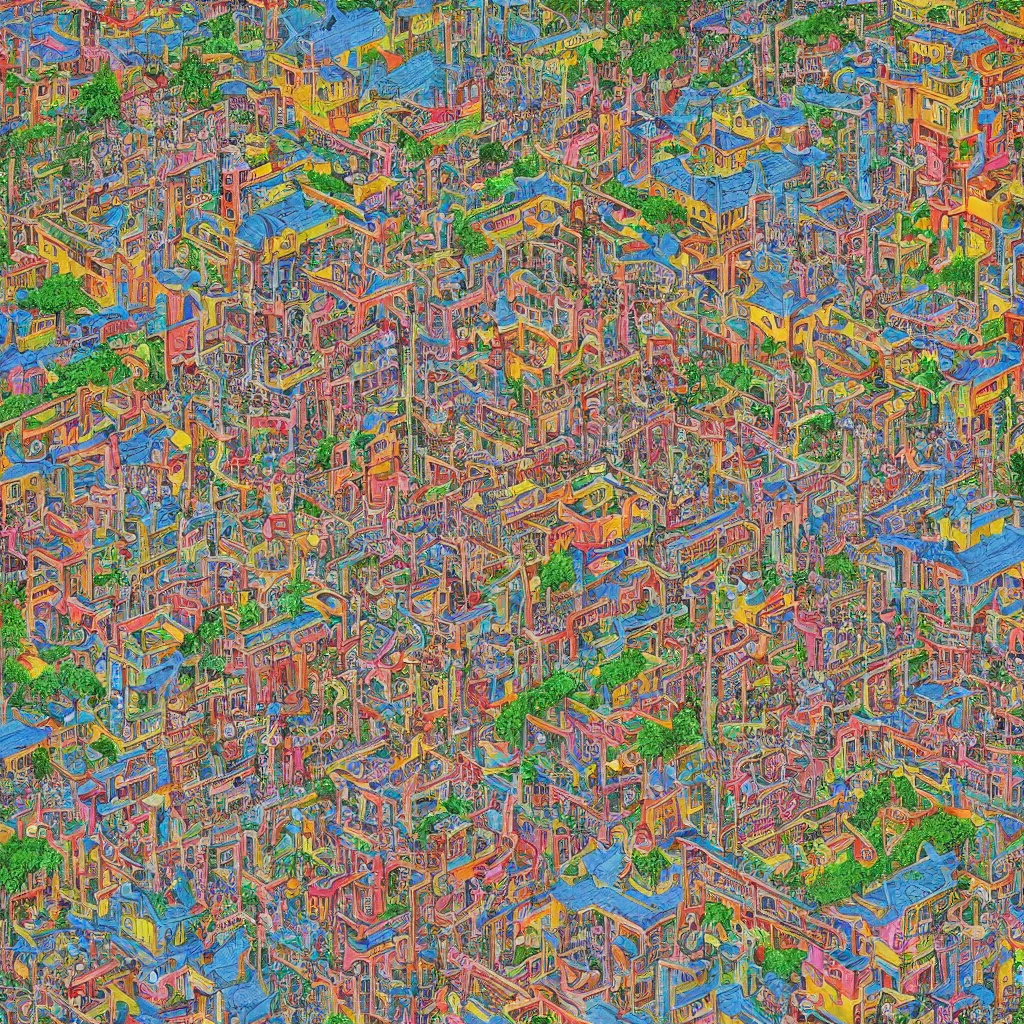 Prompt: a Where's Waldo puzzle of a chinese prison by bosch and lisa frank, ornate, beautiful, bold colors, detailed, high resolution, realistic, intricate