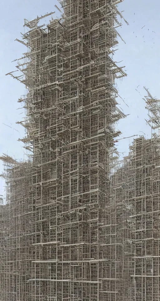 Prompt: 'they call em stacks' a column of stacked single wide mobile homes arranged 12 units high, reinforced steel structure scaffolding, futuristic technology by Jim Burns and Craig Mullins