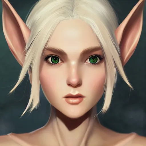 Image similar to close up headshot of a fantasy elf with short blonde hair, small ears and a flat jawline, character art, concept art, painting by Artgerm