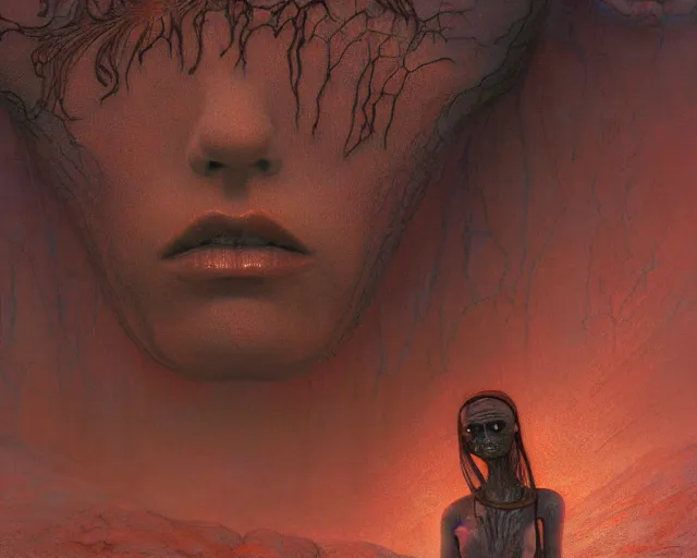 Image similar to iridescent, face portrait, rocky shore, alien woman, glowing red, by edgar maxence and ross tran, zdzisław beksinski, and michael whelan, distant, gustav dore, h. r. giger, 8 k, octane render
