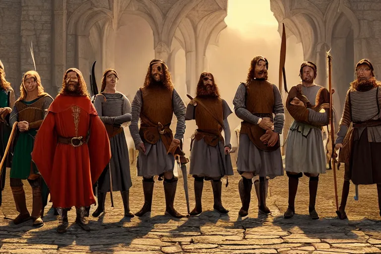 Prompt: A group of medieval high fantasy adventurers lined up for a portrait, Screenshot of Wes Anderson's New RPG Movie, Photo realistic, Regal, Formal, Symmetrical, Satisfying, Dynamic lighting, Highly Detailed, Cinematic Lighting, 8k, HD