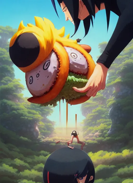 Image similar to highly detailed hamburger consuming naruto uzumaki with black hair, art by greg rutkowski, loish, rhads, ferdinand knab, makoto shinkai and lois van baarle, ilya kuvshinov, rossdraws, tom bagshaw, global illumination, radiant light, detailed and intricate environment