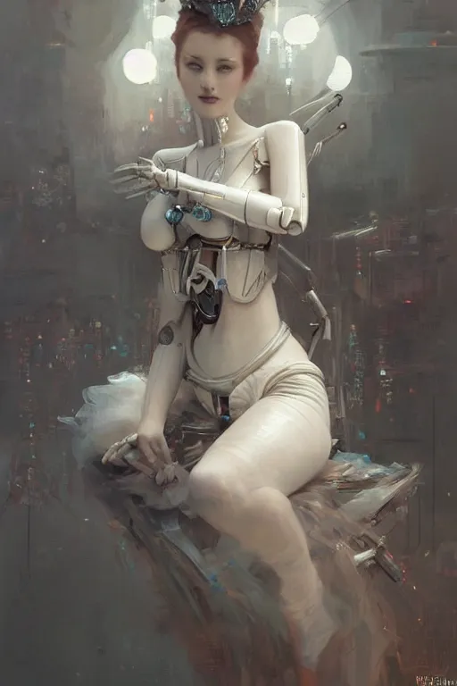 Prompt: sitting beautiful painting of a crowned robotic cyberpunk ballerina in a gothic dark flowing tutu intricate, elegant, highly detailed, digital painting, artstation, concept art, by krenz cushart and artem demura and william adolph bouguereau