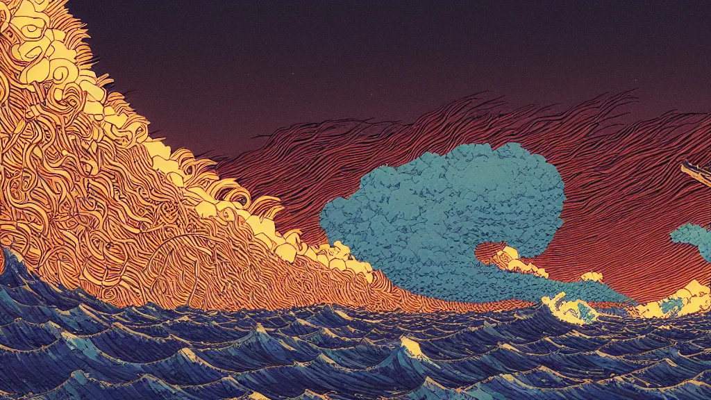 Image similar to highly detailed and colorful illustration of high exposure tsunami at night by makoto shinkai, by aaron horkey, by moebius, by nico delort, by dan mumford, by otomo, kodachrome, 4 k resolution